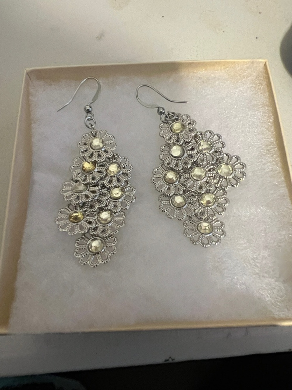 Silver Floral Drop Earrings with Crystal Accents - Women Jewelry